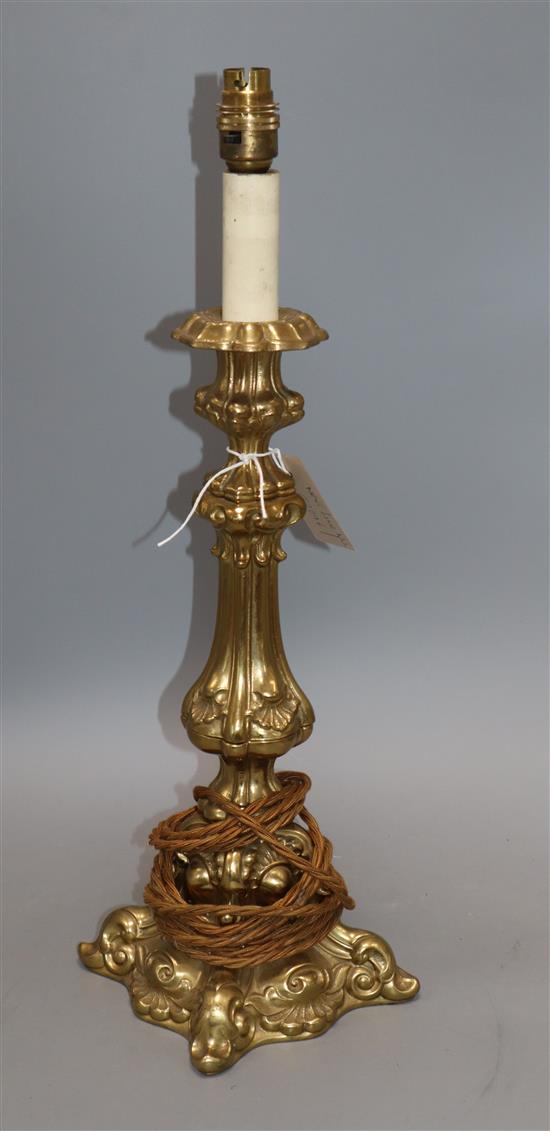 A brass column table lamp